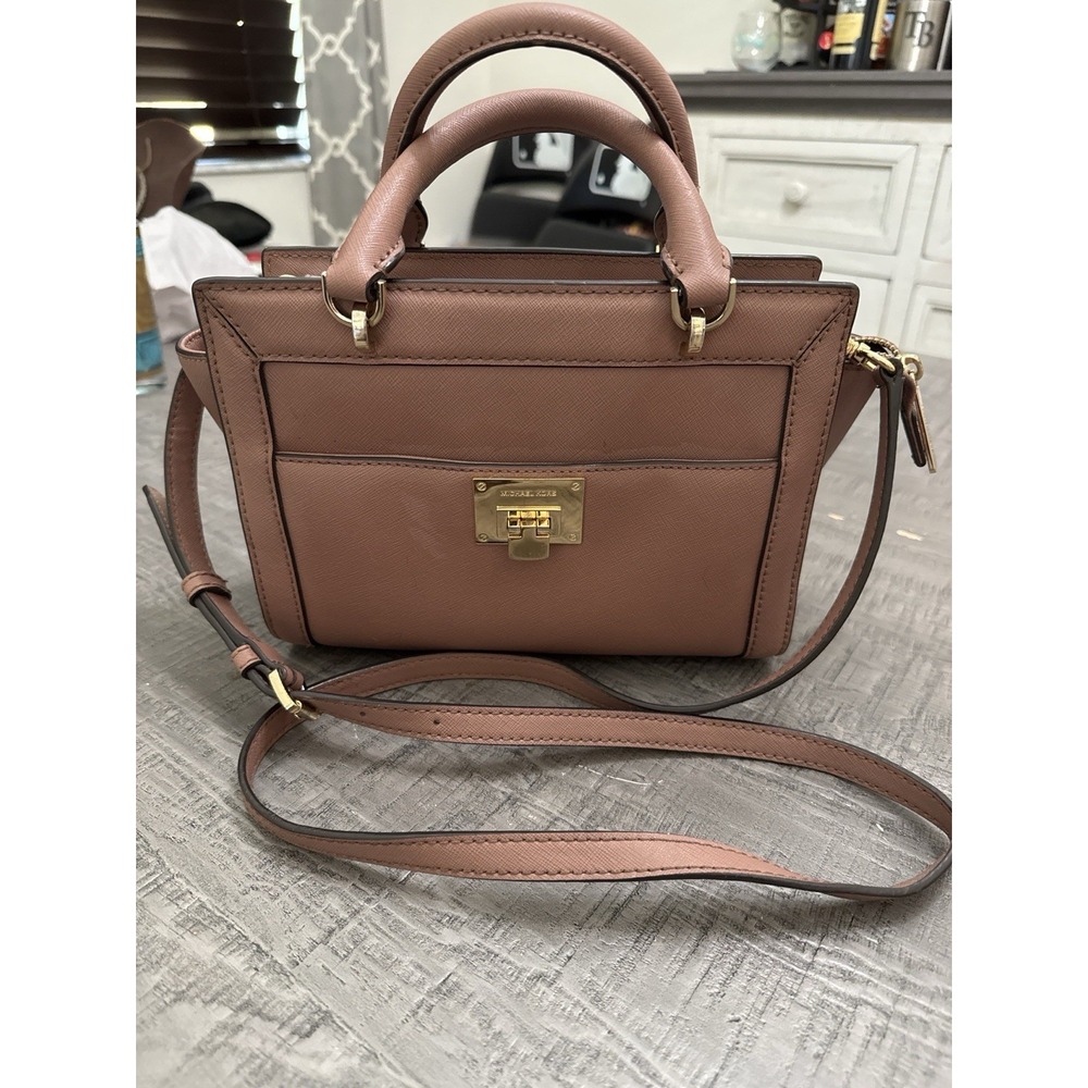 Michael Kors Saffiano Leather Satchel Crossbody Pink‎ Blush Gold MK Purse Bag